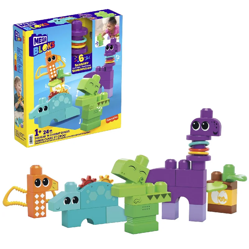 Eco - Friendly Wooden Building Blocks with a Castle - Building ThemeMEGA Bloks Squeak 'n Chomp Dinos Sensory Building Toys For Toddlers 1-3 (24 Pcs)