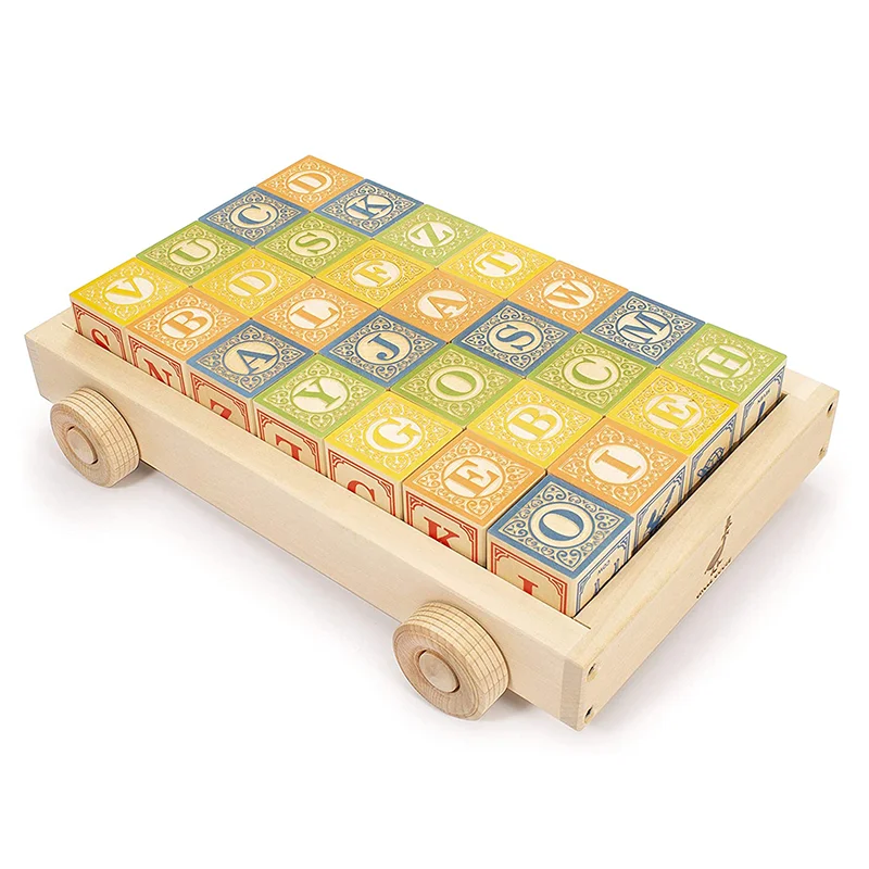 Natural Wood - Grain Colored Building Blocks for a Rustic - Looked Play SetUncle Goose English Alphabet Blocks with Wagon Base