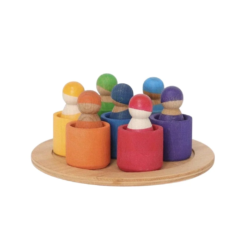 Sustainable Wood Marble Run Set with Multiple Tracks and Marble Storage7 Rainbow Wooden Peg Dolls in Bowls