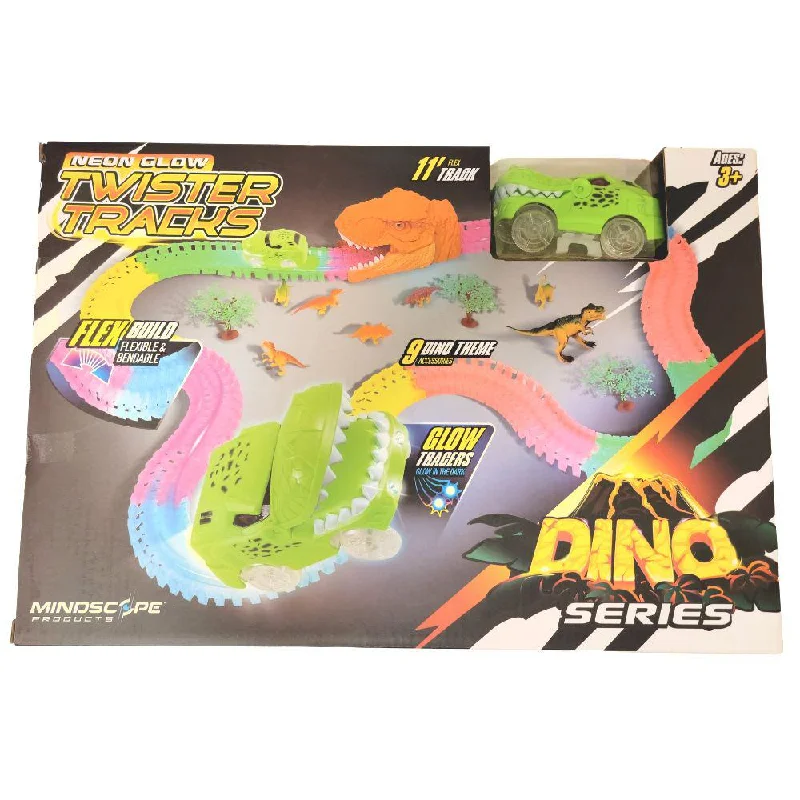 N - Scale Model Train Layout with a City - Themed Background and Animated FiguresMindscope Twister Tracks Neon Glow Dino Series