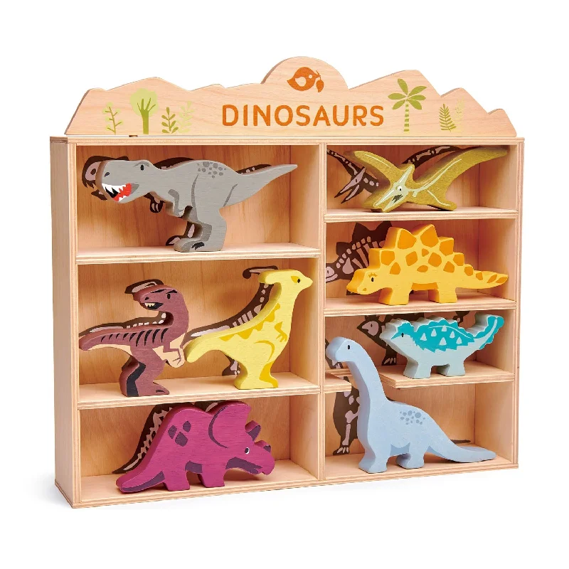 Solid Wood Stacking Cups with Different Sizes for Sensory Play and Motor SkillsWooden Dinosaur Figures and Display Case