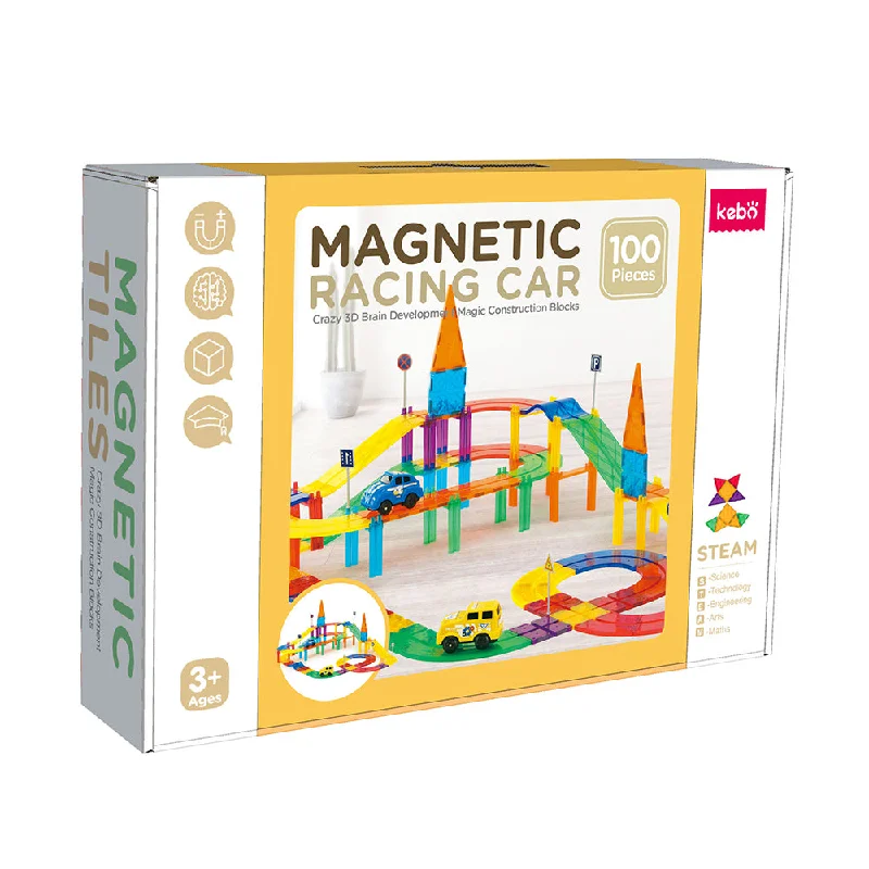 Sustainable Solid Wood Educational Toys with a Language - Learning Activity Book100 Pcs Magnetic Tiles Racing Car Set