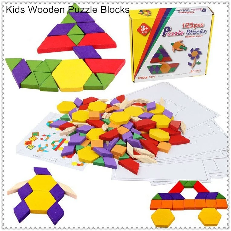 Hand - Made Wooden Educational Toys with a Space - Exploration Simulation125 pcs wooden Pattern Blocks - Geometric Shapes