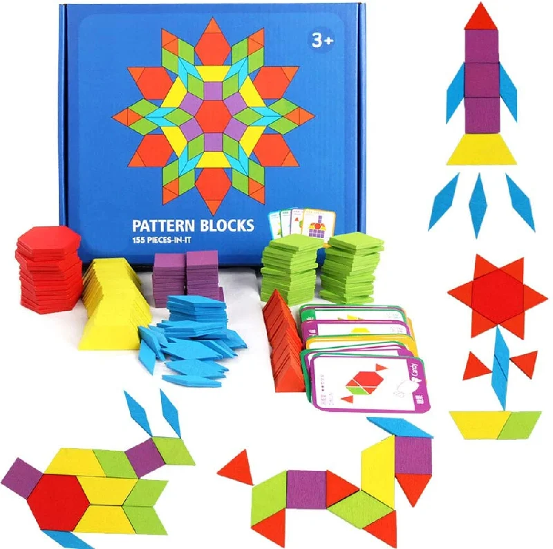 High - Quality Solid Wood Educational Toys for Developing Fine Motor Skills in Kids155 pcs wooden Pattern Blocks - Geometric Shapes / Tangram