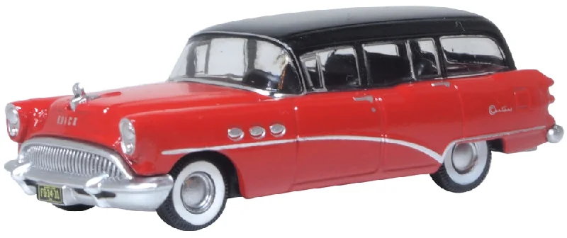 N - Scale Model Train Layout with a City - Themed Background and Animated FiguresModel of the 1954 Buick Century Estate Wagon Matador Red/Carlsbad Black by Oxford at 1:87 scale.