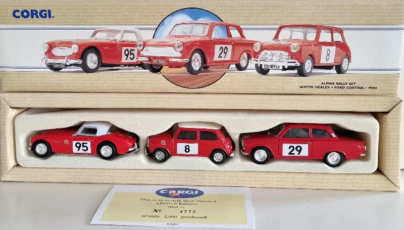 Collectible Train Set with a Steam Locomotive, Passenger Cars, and Track AccessoriesCorgi Alpine Rally Set 97709 - Red & White cars