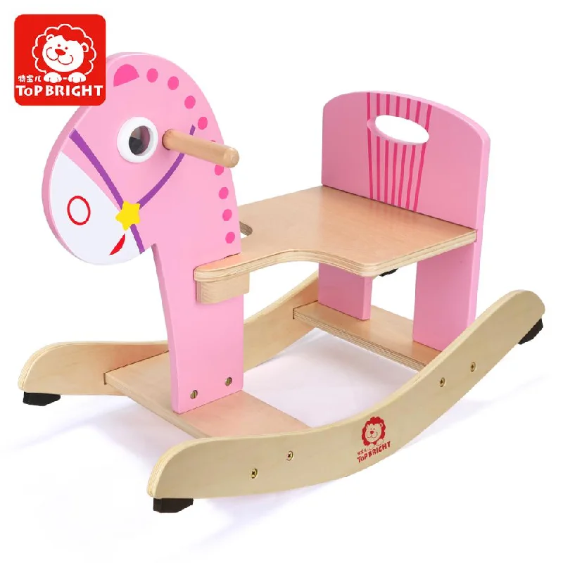 Sustainable Solid Wood Educational Toys with a Language - Learning Activity BookECO-FRIENDLY wooden Rocking Animal Pink for Indoor & Outdoor Activities