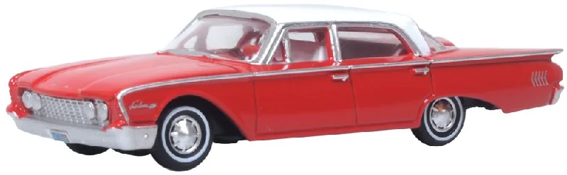 Die - Cast Model of a London Double - Decker Bus with Detailed Interior and ExteriorModel of the 1960 Ford Fairlane Sedan 500 Town Monte Carlo Red/Corinthian White by Oxford at 1:87 scale.