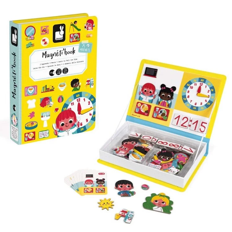 Sustainable Solid Wood Educational Toys with a Language - Learning Activity BookJanod Tell The Time Magnetic Book