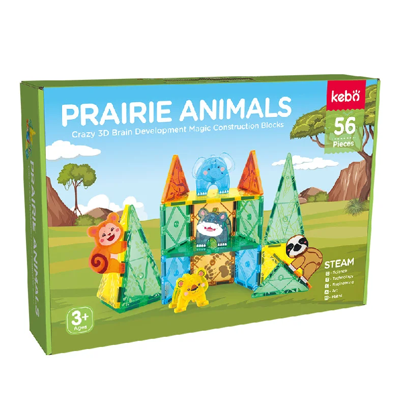 Natural Wood Educational Toys with a Construction and Engineering Play SetMagnetic Tiles Prairie Animals 56 Pcs Set