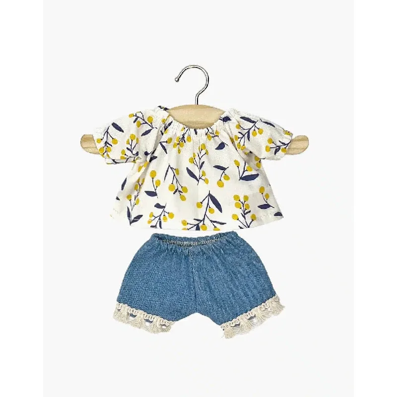 Dolls Made from Sustainable Materials with Environment - Friendly AccessoriesMinikane amigas Rosalie blouse top set in mimosa cotton and denim shorts with fringes