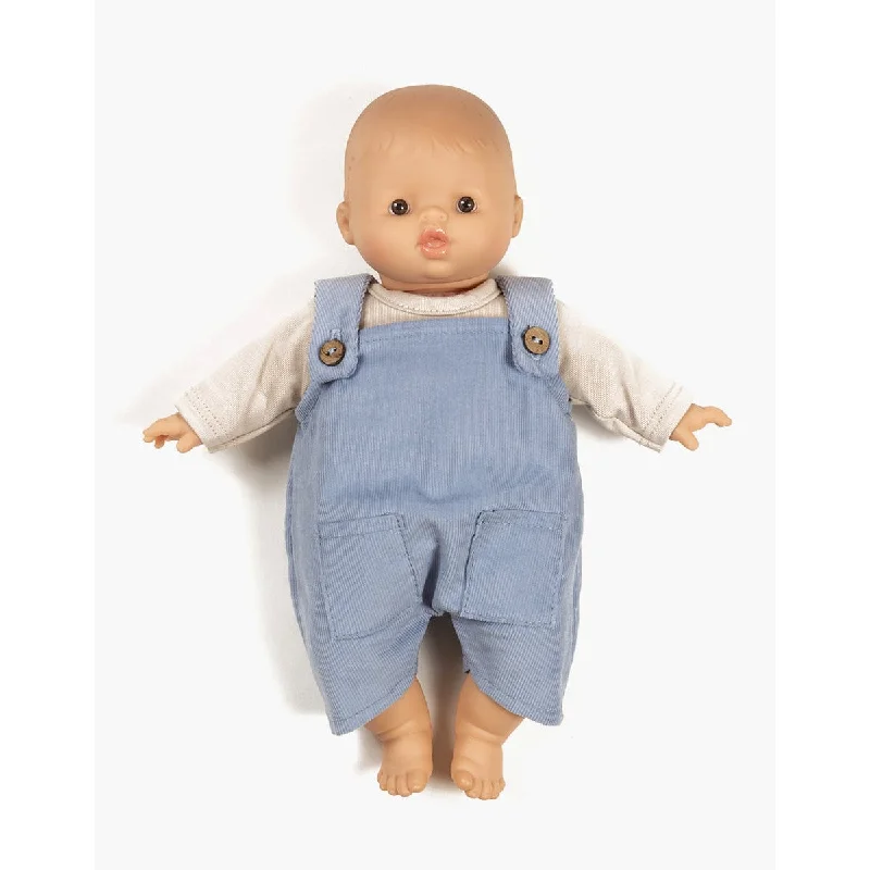 Dolls Made from Sustainable Materials with Environment - Friendly AccessoriesMinikane babies Antonin sky blue overalls and linen jersey t-shirt