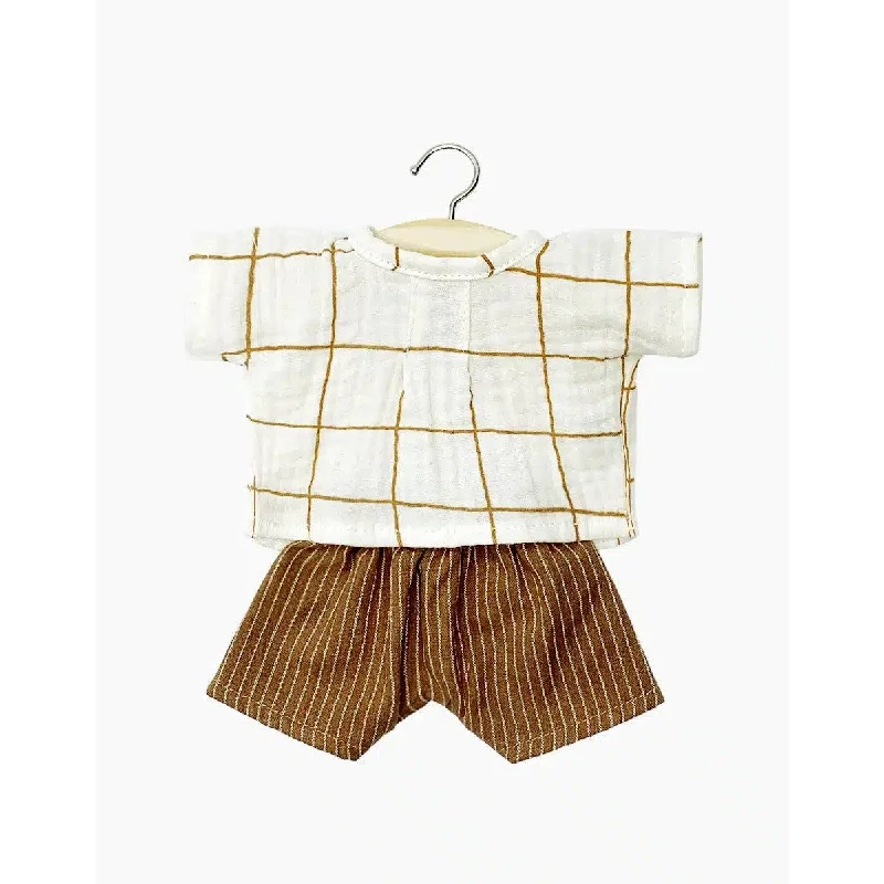 Dolls with a Temperature - Sensing Feature and Seasonal AccessoriesMinikane babies mao top set in Aldo double gauze check and Vito shorts in hazelnut striped cotton