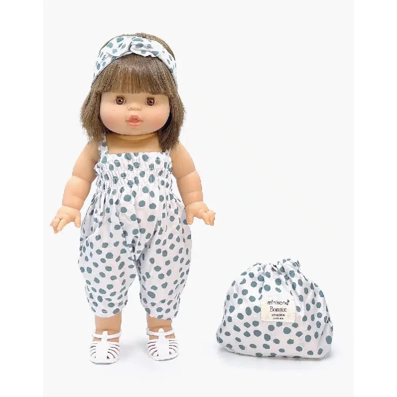 18 - Inch Fashion Dolls with Real - Hair Wigs and a Complete Makeup Kit as AccessoriesMiniKane gordis Bonnie jumpsuit and headband in Thelma grey polka dot cotton set with pouch