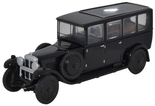 N - Scale Model Train Layout with a City - Themed Background and Animated FiguresOxford Diecast Daimler Hearse Black - 1:76 Scale