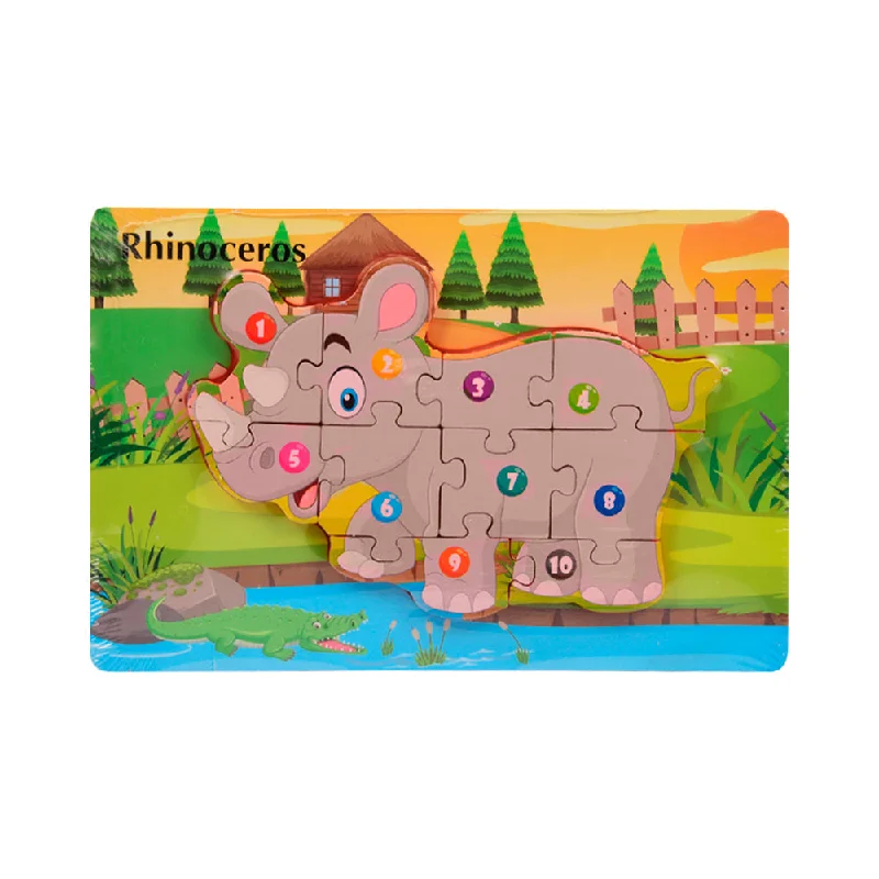 Eco - Conscious Solid Wood Educational Toys with a Social - Skills Development GameWOODEN PUZZLE BOARD COLORFUL 123 RHINOSAURUS Z.B